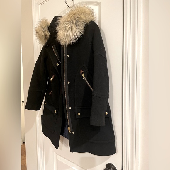 J. Crew Black Wool Winter Coat with Furry Hood - Size 2 - Picture 4 of 11